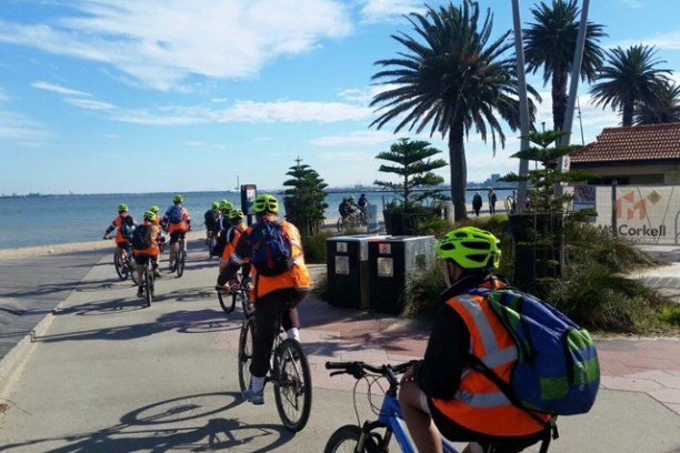 Cyclists in safety vests and helmets ride along a sunny beach path.