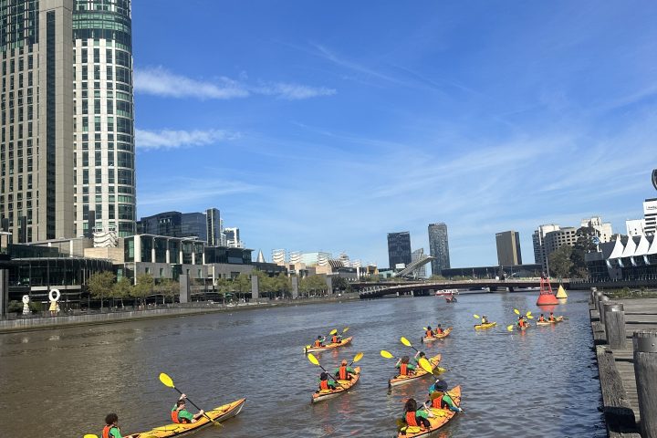 People kayaking on a river with city buildings in the background.