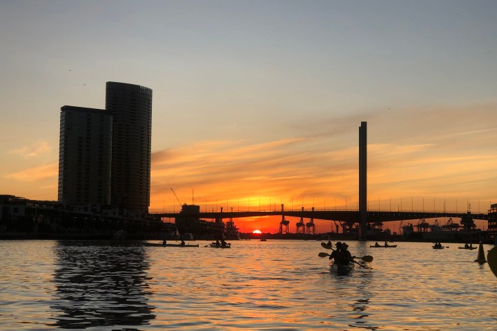 Kayakers on a river at sunset with city skyline and bridge silhouette.