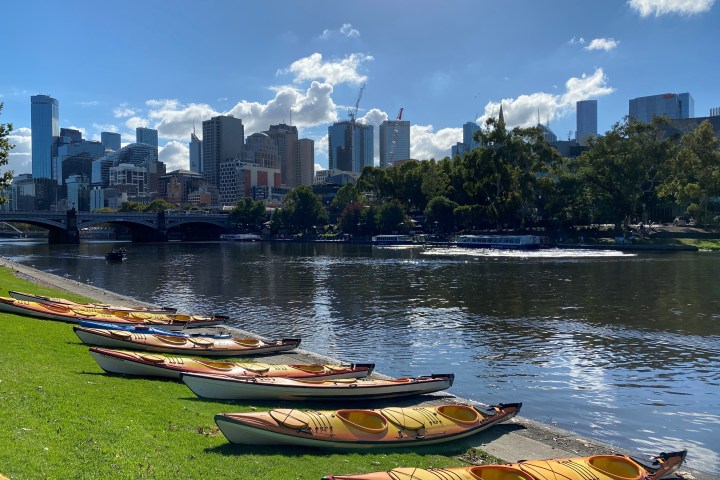 Kayaks on riverside lawn with city skyline under a blue sky.